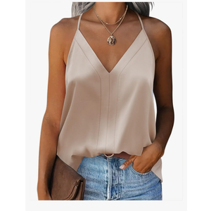 Zeagoo Womens Silk Satin Tank Tops V Neck Sleeveless Camisole Cami Spaghetti Straps Blouse Summer Loose Racerback Shirt, M