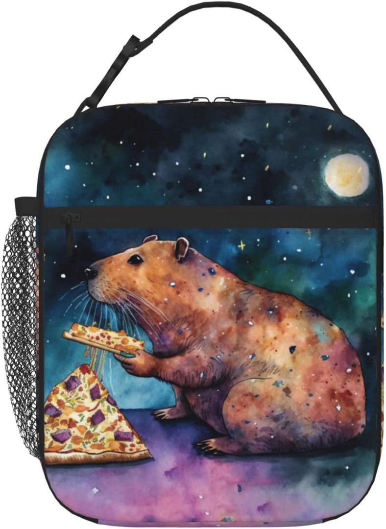 Galaxy Pizza Capybara Lunch Bag for Mens Womens Insulated Reusable Lunch Box with Adjustable Shoulder Strap