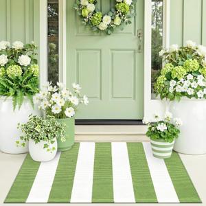 OLANLY Green and White Striped Rug 3' x 5' – Washable Cotton Indoor Outdoor Doormat for Front Door, Entryway, Kitchen, Porch, Patio Decor