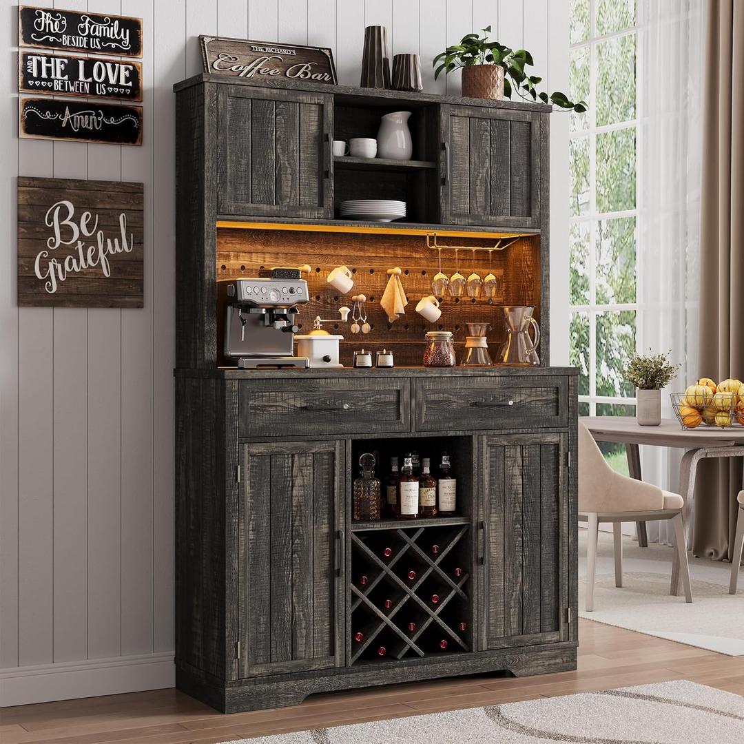 72" Coffee Bar Cabinet with Power Outlet & LED Light, Farmhouse Large Kitchen Hutch with Sliding Barn Door, Tall Bar Cabinets with Storage Drawers & Wine Glass Rack,Pantry China Cabinet,Black Oak (47.3" W x 72.4" H x 15.8" D)
