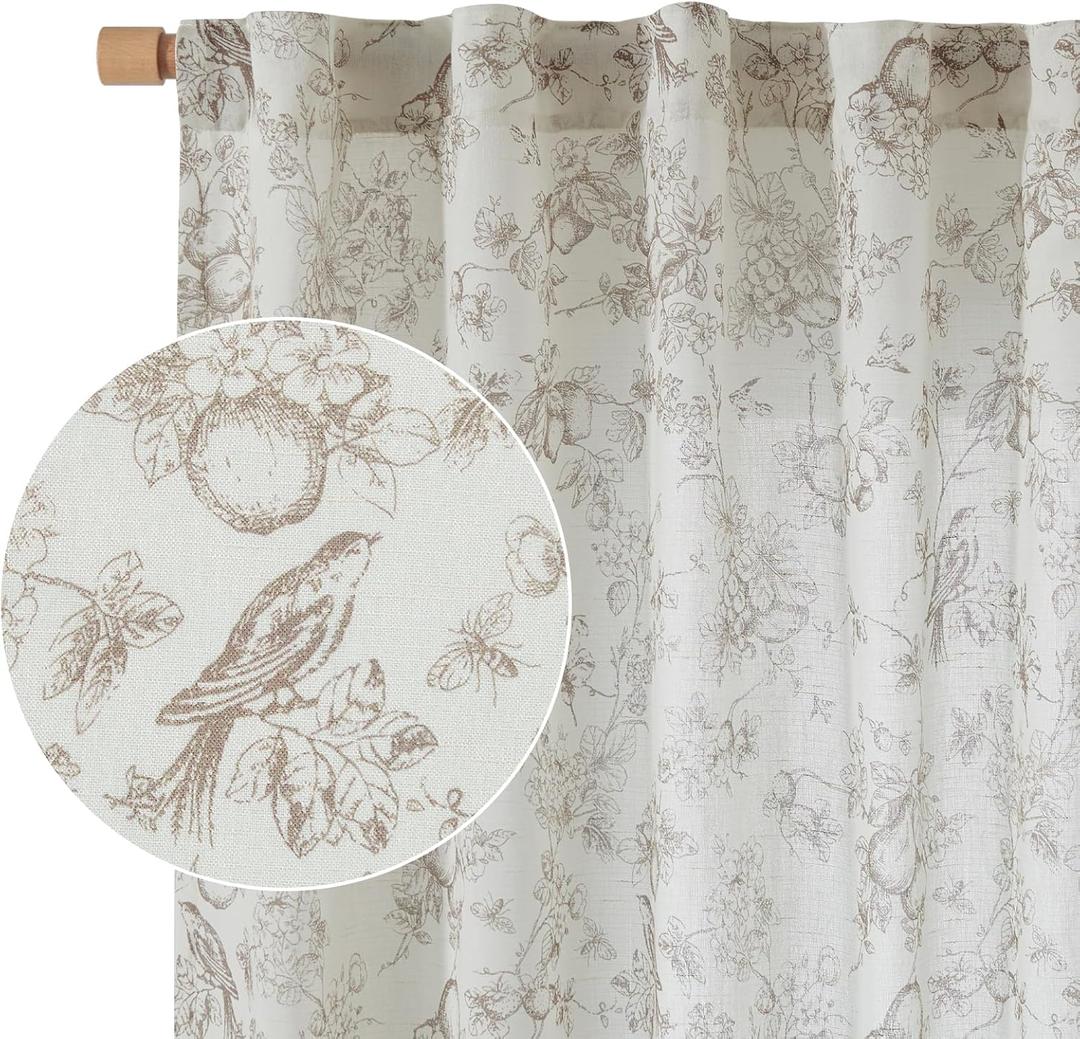 Vangao Linen Floral Curtains for Living Room 84 Inch Length Taupe Drapes Back Tab Light Filtering Toile Printed Farmhouse Bedroom Decor Rod Pocket Window Treatments 2 Panels Set