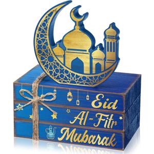 Geelin 4 Pcs Eid Mubarak Tiered Tray Decor Wooden Book Stack Signs, Blue Gold Islamic Crescent Moon Mosque Table Centerpiece for Ramadan Home Shelf Coffee Bar Mantel Decorations