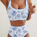 Herseas Women's Bikini Sets Floral Print Whip Stitch 2 Piece Swimsuits High Waisted Scoop Bathing Suits (Blue, L)