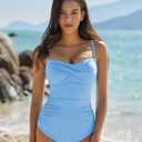 QINSEN Women's Spagetti Strap Ruched One Piece Swimsuit Retro Tummy Control Bathing Suit, Size M
