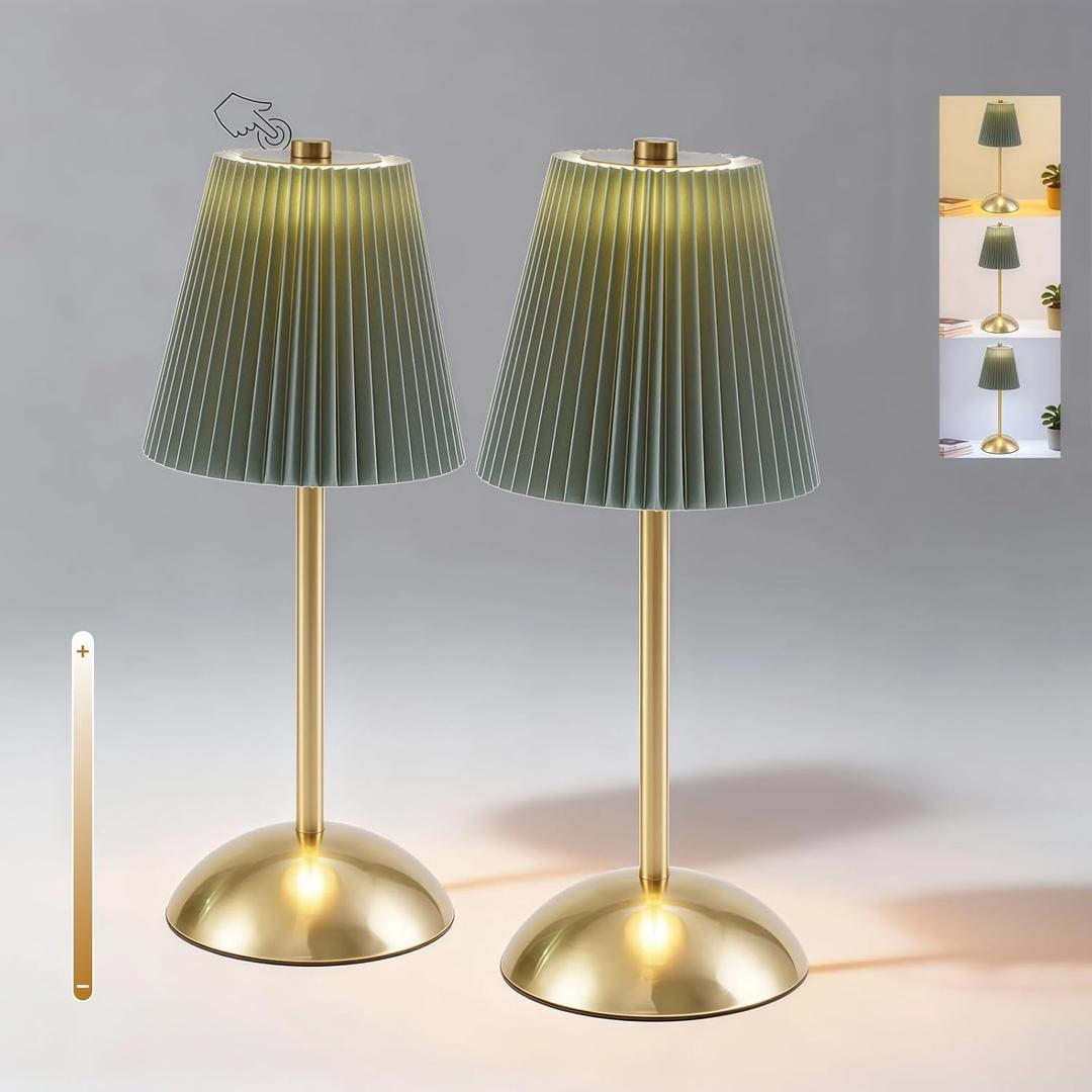 2-Pack Cordless Table Lamps LED, Small Wireless Battery Operated Lamp, 3 Color Temperature & Stepless Dimming, Rechargeable Touch Lamp for Nightstand, Dining Table, Entryway, RV (Green)