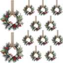 Zeyune 12 Pcs Small Christmas Wreaths for Kitchen Cabinets with Bow Ribbon Mini Cabinet Door Wreath Set Hanging Christmas Decor for Kitchen Window Outdoor Indoor, 14.96 x 7.87''(Glitter Ball Style)
