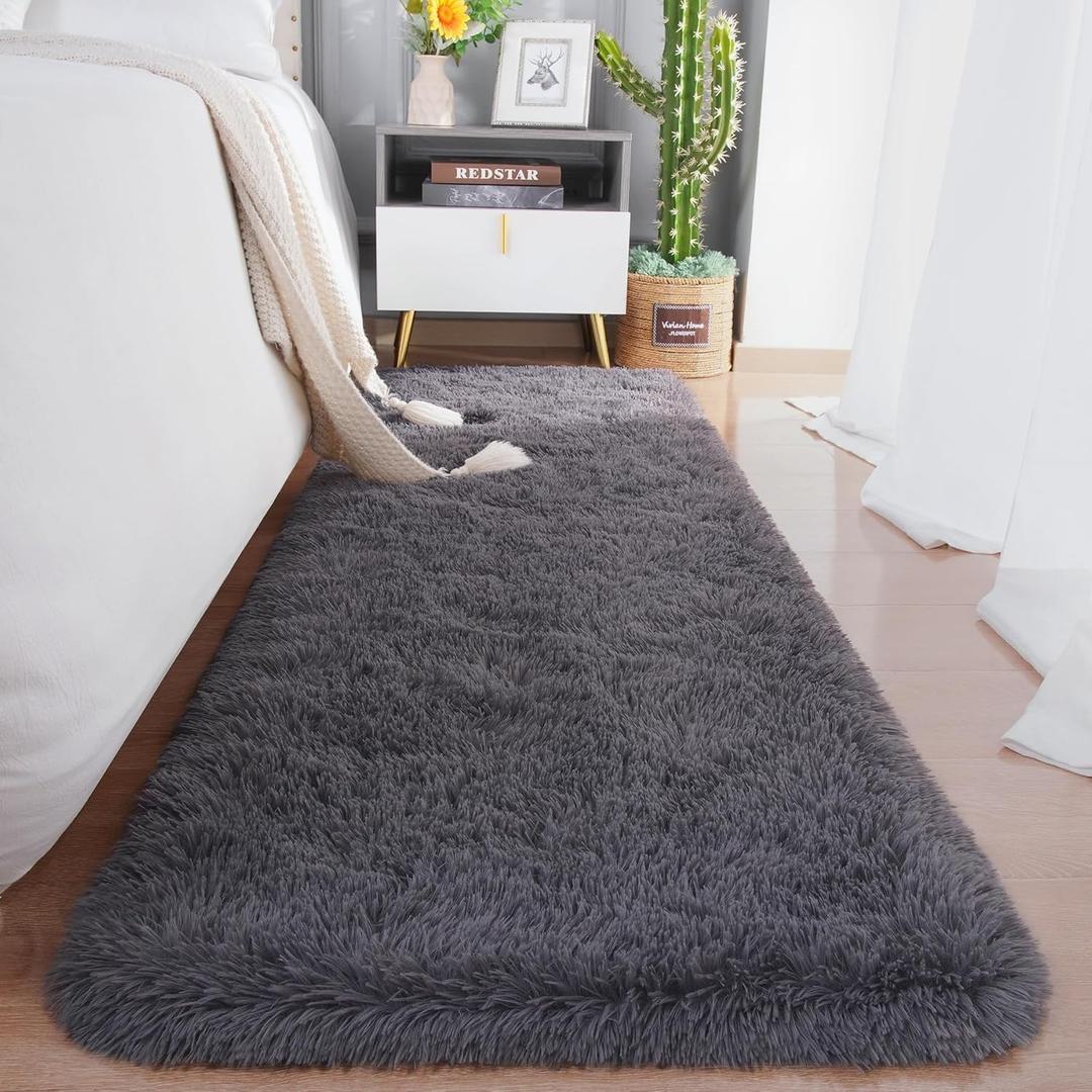 Chicrug Soft Runner Rugs for Bedroom Living Room Plush Fluffy Rugs 2x6 Feet, Shag Furry Area Rug Carpet Non Shedding for Nursery Children Kids Girls Room Home Decorative, Coal Grey