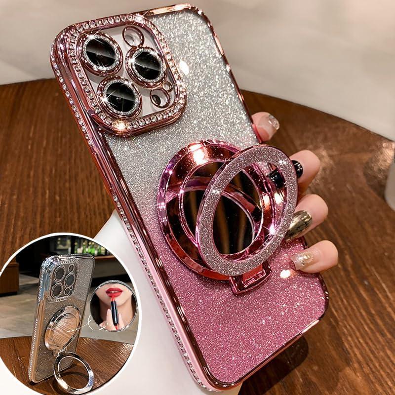 Mirror Kickstand Glitter Diamond Case for iPhone 15 14 13 12 Pro Max,Magnetic Stand Holder,Camera Lens Protector Compatible with Magsafe, Rhinesetone Bing Cover Case (Pink,for iPhone 14 Pro Max)