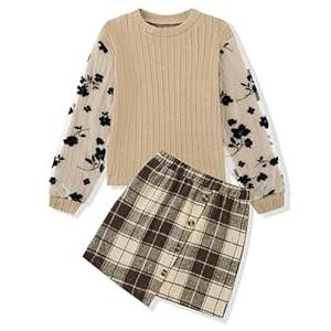 Auiopila Girl Clothes Girls Outfits Flare-lace Sleeve Top and Plaid Skirt Dress Fall Winter 2Pcs Girls Clothes 6-14T (7-8 Years, Beige)