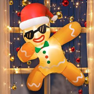 OurWarm 3.5Ft Christmas Outdoor Decoration Inflatables Gingerbread Man with Xmas Hat, Built-in LED Lights Blow Up Gingerbread Broke Out from Window for Outside Indoor Yard Garden