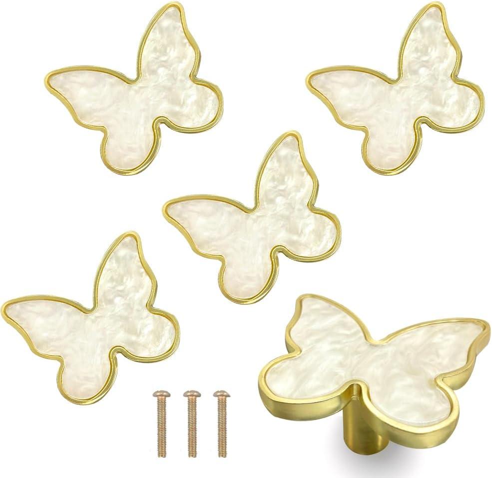 6 pcs Butterfly Shape Knobs Handle Gold Cabinet Knobs Decoration Door Handle Single Hole Handles Cabinet Drawer Dresser Kitchen Wardrobe Furniture Hardware Pulls (White)
