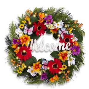 Valery Madelyn Spring Summer Wreaths for Front Door，Collapsible 24 Inch Door Wreath with Daisy Flower,Butterfly and “Welcome” Wood Sign Floral Wreath for Wedding, Wall, Home Decorations