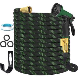 Garden Hose Non-Expandable 50 ft, Lightweight Flexible Water Hose with 10-Pattern Spray Nozzle, Leak Proof, Kink-Free, Portable Hose for Yard, Lawn, Camper, High-Density Fabric, Black Green