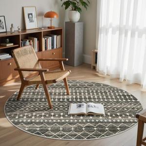 Round Rugs 8ft Washable Moroccan Circle Rug for Living Room Non Slip Indoor Floor Carpet Foldable Area Rug for Dining Room with Low PileBlack,8'x8'