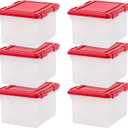 IRIS USA WeatherPro Light and Garland Holiday Decor Home Organizer with Light Reel Inserts, Holiday Storage for Lights Garlands Decorations and Decorations with Seal Latching Lid 6 Pack, Clear/Red