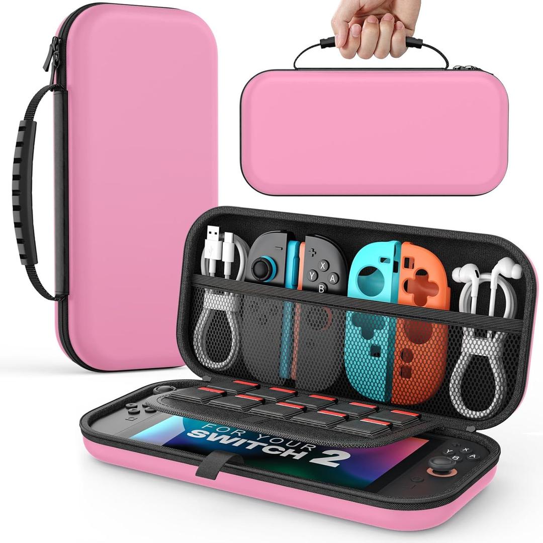 MoKo Carrying Case for Nintendo Switch 2(2025), Protective Hard Shell Portable Travel Carry Case Pouch holds 10 Cartridges with Pockets for Switch 2 Accessories and Games, Pink