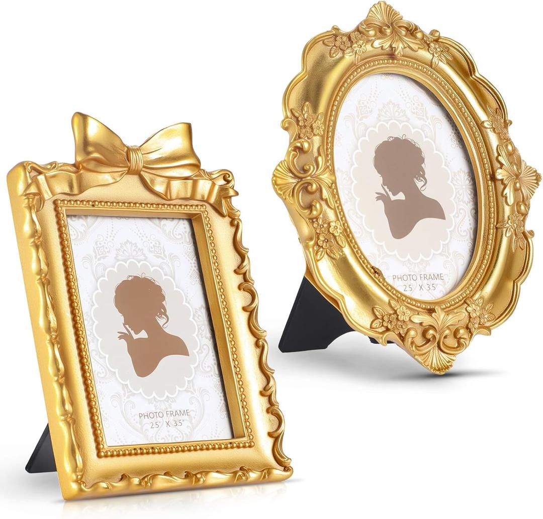 Qunclay 2 Pcs Vintage Picture Frames Antique Baroque Ornate Resin Rectangle Oval Photo Frames with Glass Front Tabletop and Wall Decor for Home Wedding Christmas Party Decor(Gold,2.3 x 3.5 Inches)