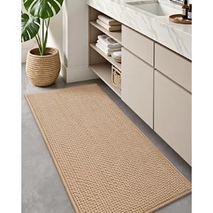 Color&Geometry Rubber Backed Waffle Bath Mat 60x24, Non Slip Machine Washable Bathroom Rugs, Soft Absorbent Chenille Boho Carpet for Bathroom Floor, Tub and Shower, Beige