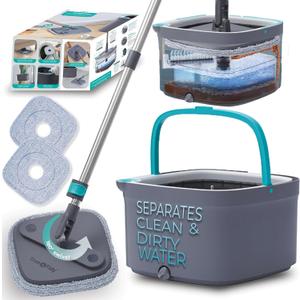 True & Tidy True Clean Spin Mop & Bucket System  Dual Compartment Design for Clean & Dirty Water, 360 Swivel Mop Head, Built-in Scrubbing Brush, Stainless Steel Handle & 2 Reusable Microfiber Pads