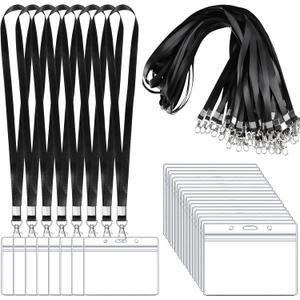 50 Pack Name Tag Lanyards with Id Holder, Clear Plastic Horizontal Name Tags Holders and Black Badge Lanyards with ID Holder for School Office Team Workers Volunteers (Black)