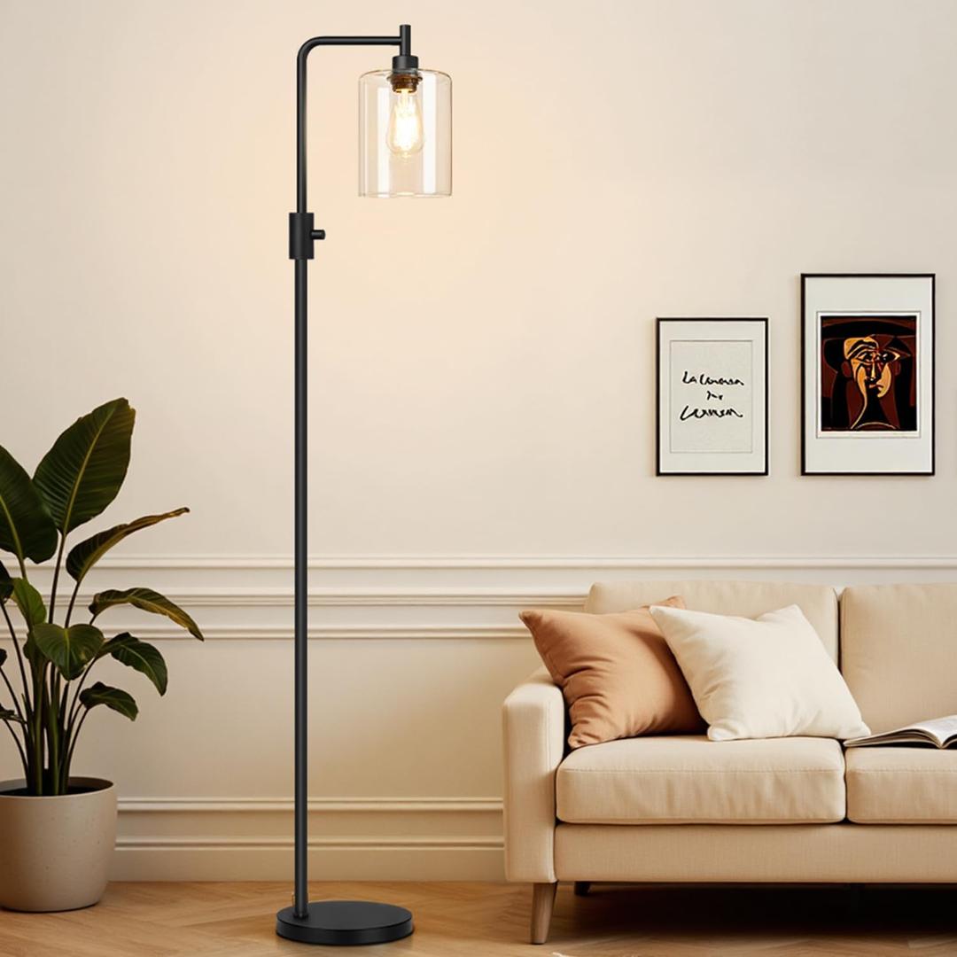 Upgraded Dimmable Floor Lamp for Living Room with Glass Shade, Black Modern Industrial Floor Lamp with 900LM LED Bulb Included, Bright Standing Tall Lamp for Bedroom, Office, Reading Room, Corner