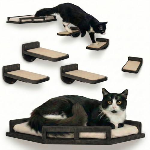 INICIO Cat Wall Shelves - Safe and Sturdy Cat Wall Furniture - Stylish Natural Wood Corner Shelf with 3 Steps for Cats up to 15lbs - Cushioned Perch and Stairs for Climbing and Playing - Black