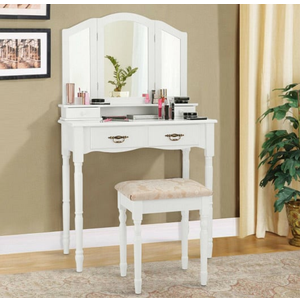 Simple Vanity Set with Tri-Folding Mirror Drawers and Storage Shelf, White