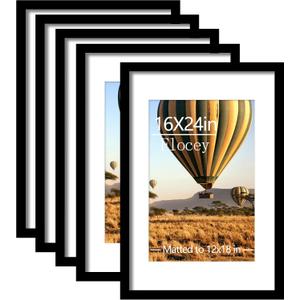 16x24 Picture Frame Set of 5, Black Poster Frame, Display Pictures 12 x 18 with Mat or 16x 24 Without Mat for Horizontal or Vertical Wall Mounting, Wall Gallery Frame for Artwork, 16x24-5PACK