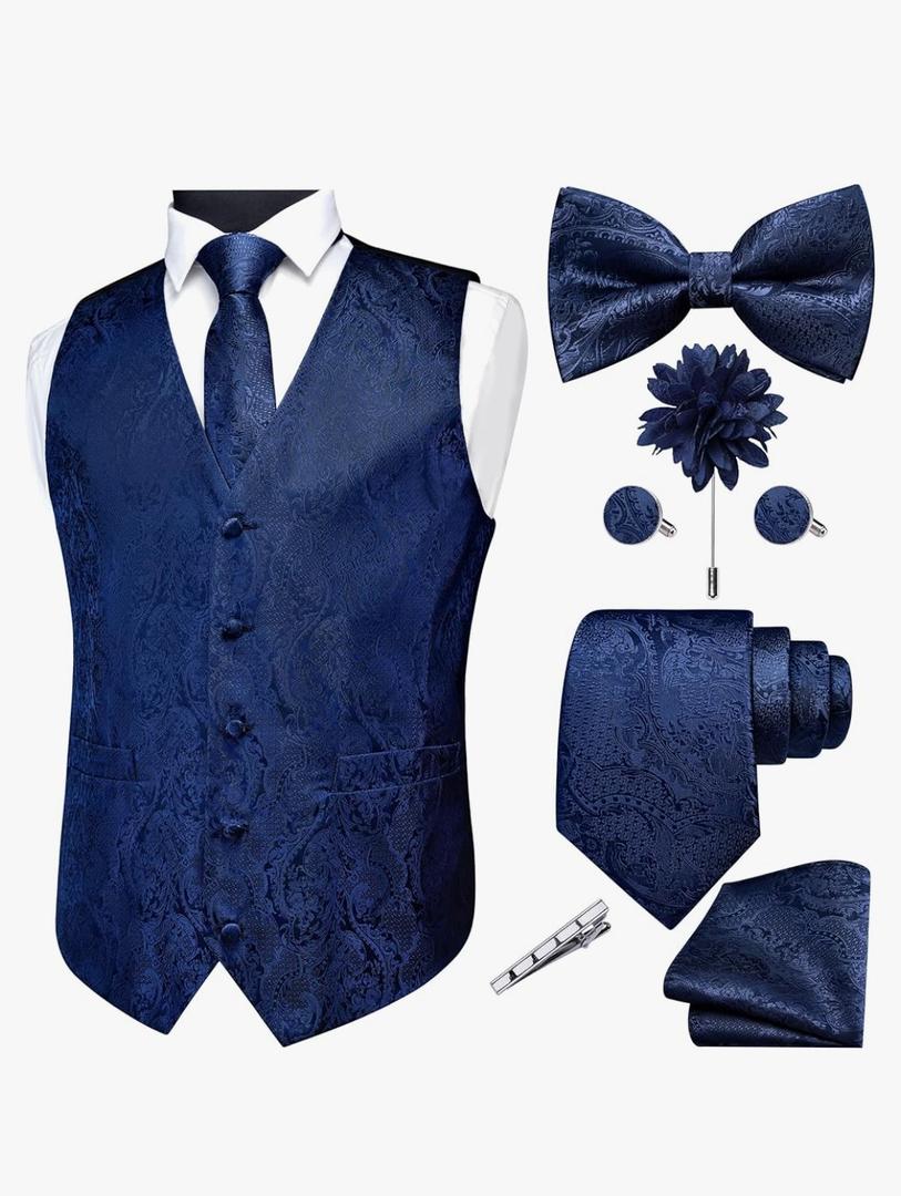 GUSLESON Fashion Vest for Men Paisley Jacquard Tie Waistcoat Bow tie Hanky Lapel Pin Cufflinks Set Wedding 7PCS Size Small