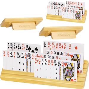 plusvivo Card Holders for Playing Cards with Adjustable Stand Set of 4, Playing Card Holders for Seniors Adults Kids 5 Slots up to 110 Cards, 12" Wooden Card Holder for Canasta Bridge