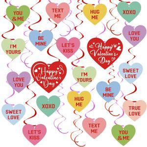 54Pcs Happy Valentines Day Hanging Swirls Party Decorations Conversation Hearts Candy Hanging Swirls Banner Garland for Anniversary Valentines Day Home Office Classroom Decorations