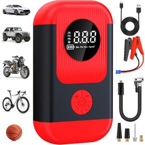 ApexNexus Tire Inflator Portable Air Compressor & Car Jump Starter, Cordless Air Pump with LED Light & Pressure Gauge for Auto,Motorcycles,Bikes,Balls. (Red)