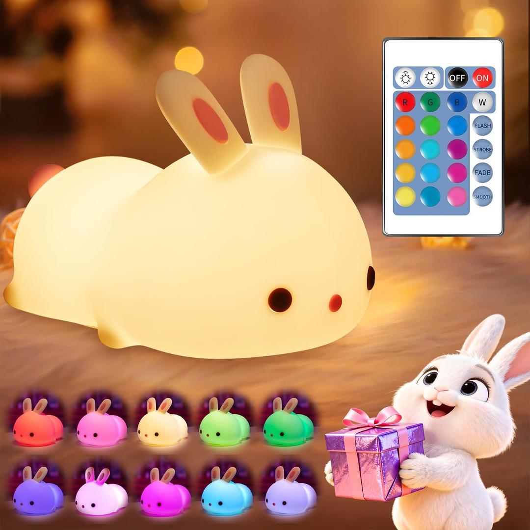 One Fire Easter Bunny Gifts for Kids Night Light with Remote, 16 Colors+5 Brightness Cute Lamp,Easter Bunny Decor/Stuff/Toys for Baby Toddler Soft Silicone Night Light, 1200mAh Portable Bunnies Lamps