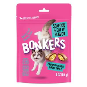 Bonkers Cat Bites, Crunchy & Soft Seafood & Eat It! Flavor Treats, Low Calorie, Training or Food Topper, 3 OZ Resealable Bag for All Breeds and Ages (BBD AUG 10/2027)