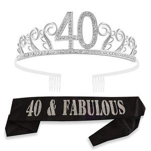 MEANT2TOBE 40th Birthday Sash and Tiara for Women - Fabulous Glitter Sash + Waves Rhinestone Silver Premium Metal Tiara for Her, 40th Birthday Gifts for 40 Party