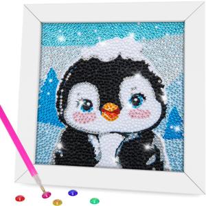 QEUOYSS Diamond Art Kit for Kids with Wooden Frame Art and Crafts for Kids Ages 6-8 -10-12 Easy to DIY Diamond Art for Kid and Adult Beginners Home Wall Decoration (Penguin)