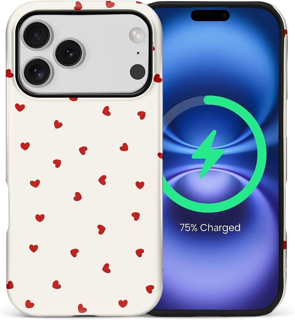 for iPhone 17 Pro Case,Compatible with MagSafe,Dual-Layer Hard Shell + Silicone Cover,Full Body Protection Shockproof Case for iPhone 17 Pro-Red Hearts Girly Aesthetic