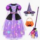 Meland Witch Costume for Girls, Light Up Halloween Costumes for Kids Toddlers 3-10, Witch Dress for Girls Dress Up 5-6Y, M