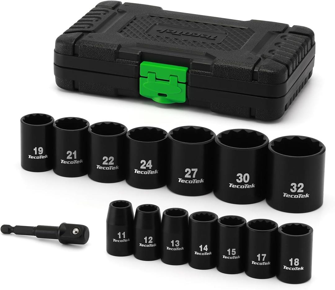 TecoTek 15 Pieces 1/2-Inch Drive Shallow 12-Point Metric Impact Socket Set, Cr-V, 11mm to 32mm, Drill Socket Adapter 1/2"