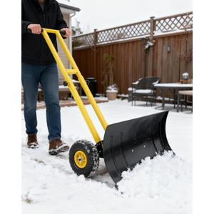 Wheeled Snow Plow Shovel, 16.5" H Heavy-Duty Steel Black Blade with Double Handle, 5 Angles, 2 Wheels, Back Saver Pusher for Snow Removal on Driveway, Sidewalks and Doorways