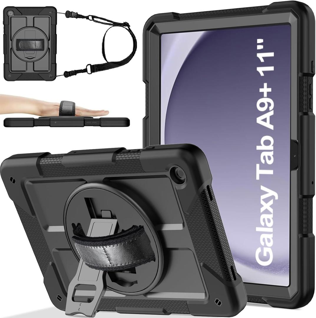 BMOUO for Samsung Galaxy Tab A9+ Plus Case 11" 2023 (SM-X210/X216/X218), Shockproof Galaxy Tab A9 Plus Case with Rotating Stand and Hand/Shoulder Strap, Black
