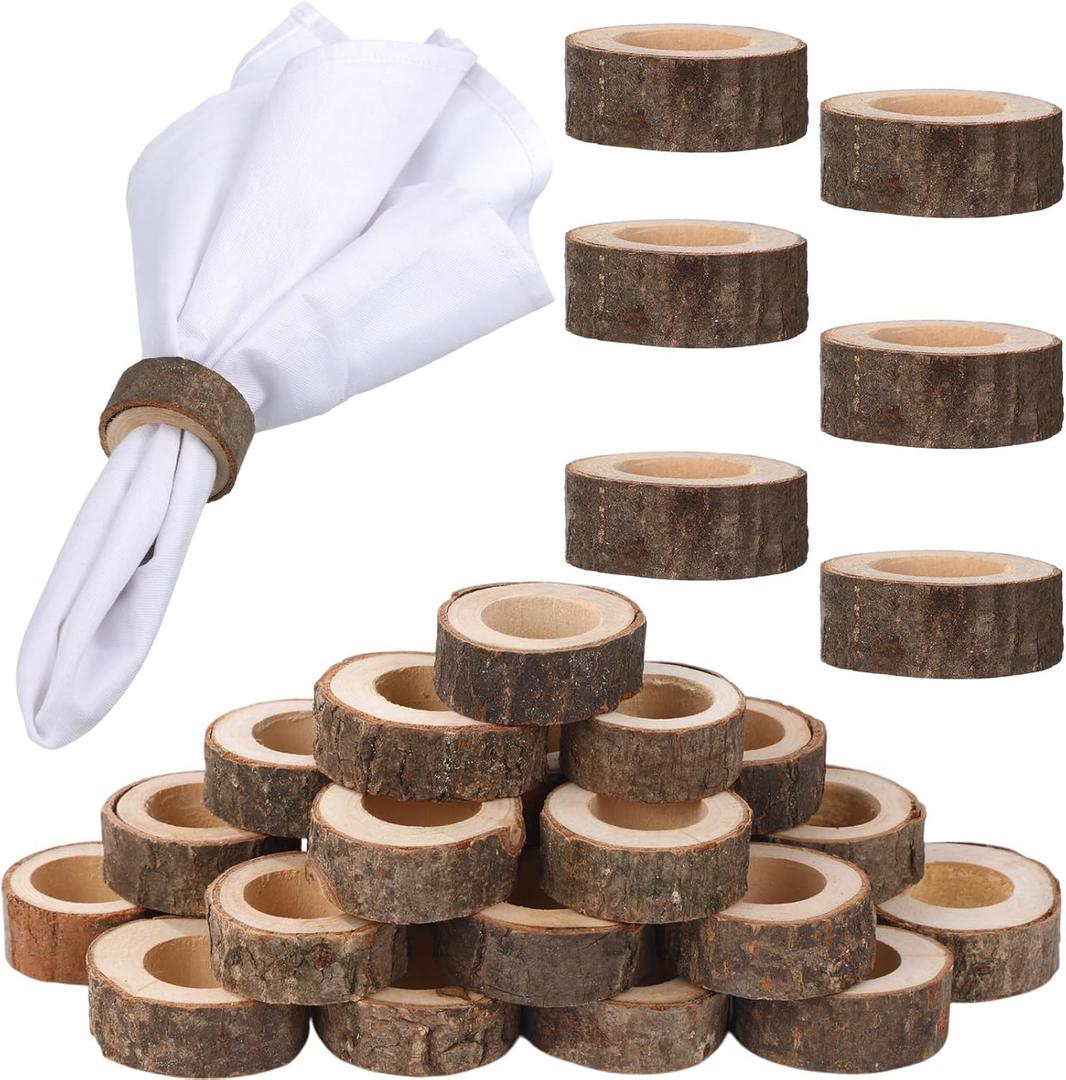 Set of 24 Wooden Bark Napkin Ring Handcrafted Wooden Napkin Holder Rustic Napkin Rings Buckles Party Gift Farmhouse Table Decoration for Dining Wedding Birthday, Everyday