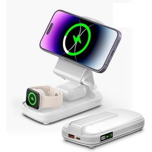 10000mAh Portable Charger Power Bank for iPhone 15/14/13/12 Series & Apple Watch & Airpods, 3 in 1 Charging Station for Apple Devices, Battery Pack for iPhone, Foldable, White
