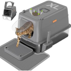 Anywish Stainless Steel Cat Litter Box with Lid, XL Extra Large Enclosed Removable Metal Litter Box with Litter Scoop&Double Layer Litter Mat, Non-Sticky, Non-Odor, for Big Cats Dark Grey
