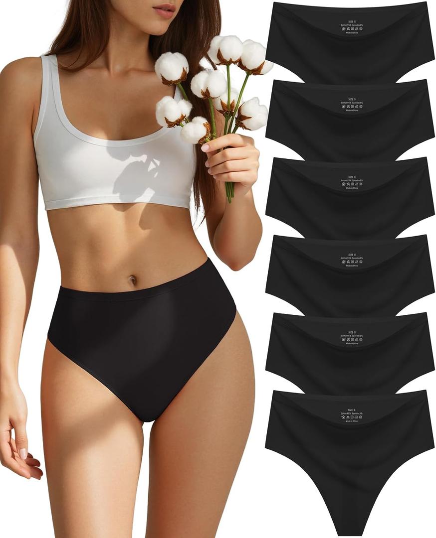 sosusu Seamless Underwear for Women Cotton Thongs High Waisted Soft Breathable No Show Panties Invisible Stretch 6 Pack (L)