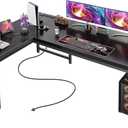 Huuger 55 Inch L Shaped Desk with Power Outlets and USB-C Port, Reversible Computer Desk, Larger Office Corner Gaming Desk, 0.95 Inch Thicker Desktop, Metal Frame, for Home Office, Study, Black
