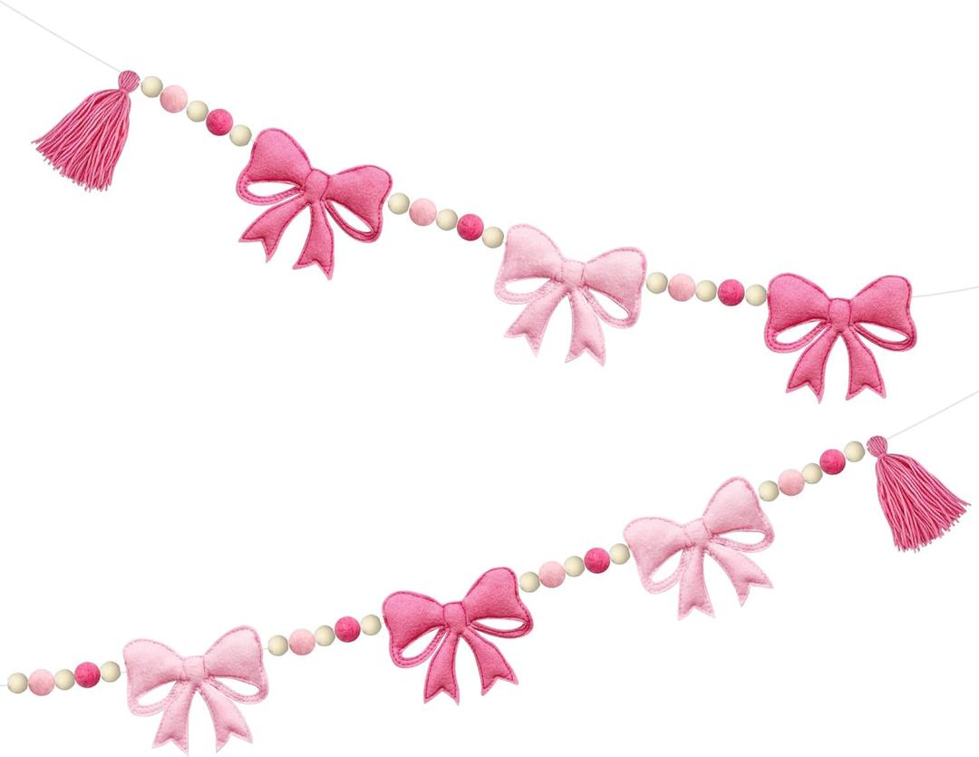 Pink Bow Decorations Pre-Strung Felt Handmade Bow Banner Wool Felt Ball Wooden Bead Bow Garland Streamer for Nursery Classroom Home Mantle Fireplace Decor Baby Shower Coquette Birthday Party Supplies