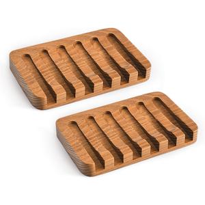 SUBEKYU Wooden Soap Dishes for Bathroom/Shower, Bar Soap Holder with Self Draining Tray, Natural Waterfall Drain Soap Saver, Teak (2P)