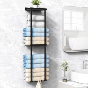 Towel Rack for Bathroom, Wall Mounted Vertical Rolled Towel Storage Organizer Holder with Shelf, Holds Up 6 Large Bath Sheets, Black (Standard Size)