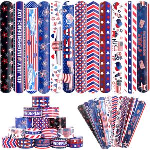 MGparty 4th of July Accessories, 48PCS Patriotic Slap Bracelets Toys for Kids, Fourth of July Decorations Party Favors Memorial Day Supplies Classroom Prizes Gifts Accessories